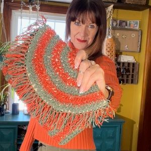 Universal Thread Orange and Sage Crochet Fringe Clutch